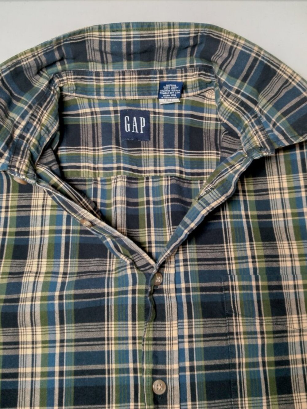 Vintage 1990s GAP Shirt Large Madras Plaid Green Blue Short Slv Grunge Preppy - Picture 10 of 10